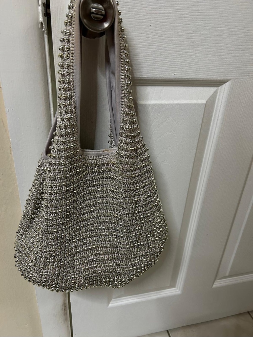 Silver Beaded Tote Bag - Elegant Evening Shoulder Bag